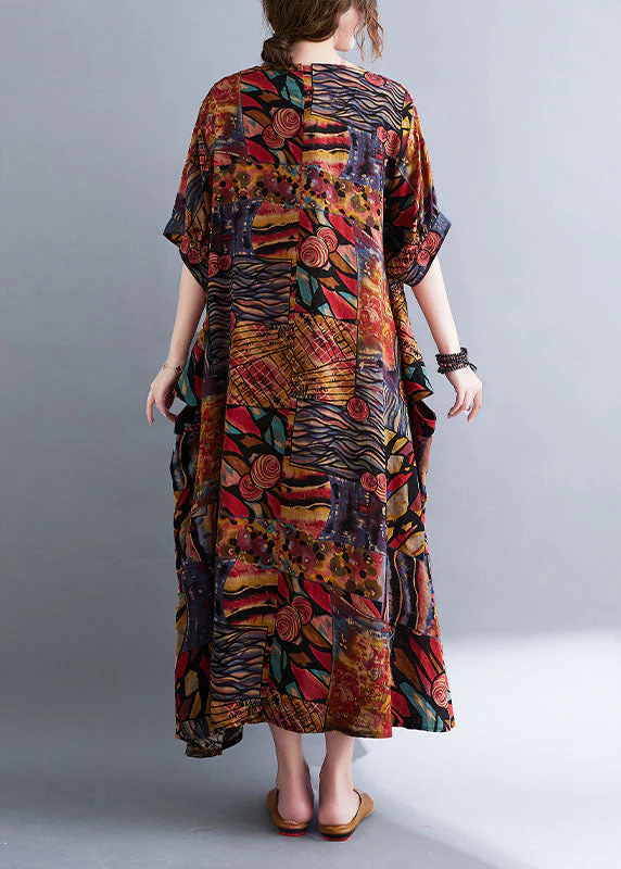 Bohemian Colorblock V Neck Print Cotton Maxi Dresses Short Sleeve - Image 4