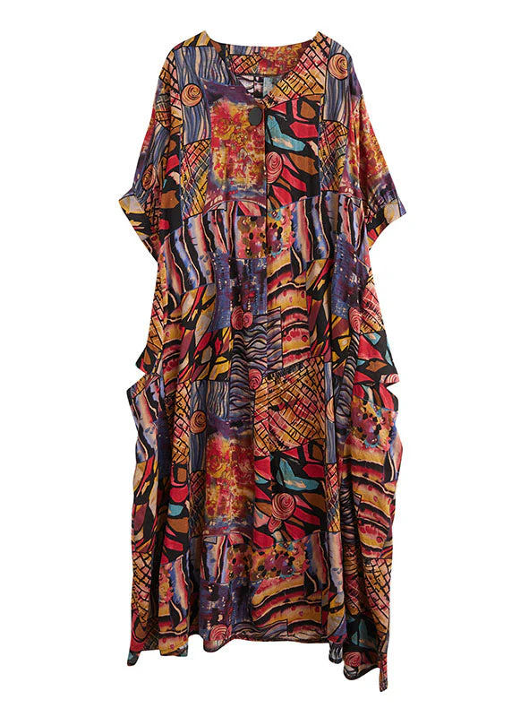 Bohemian Colorblock V Neck Print Cotton Maxi Dresses Short Sleeve - Image 5