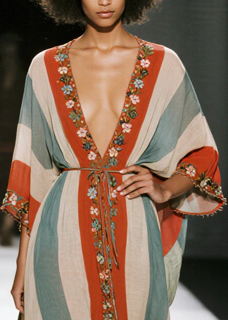 Bohemian Colorblock V Neck Striped Cotton Tunic Dresses Summer - Image 2