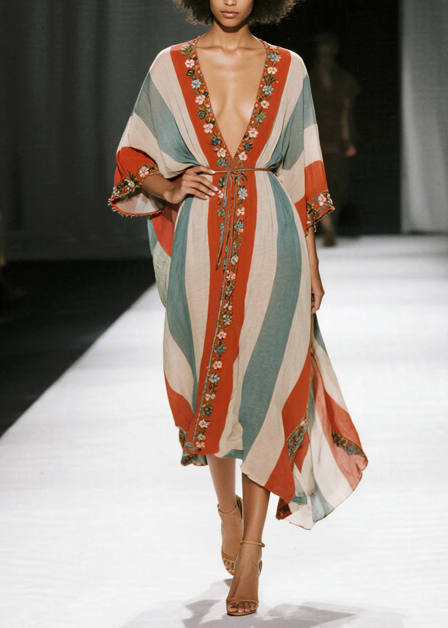 Bohemian Colorblock V Neck Striped Cotton Tunic Dresses Summer - Image 3