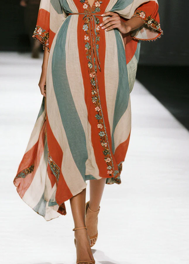 Bohemian Colorblock V Neck Striped Cotton Tunic Dresses Summer - Image 4