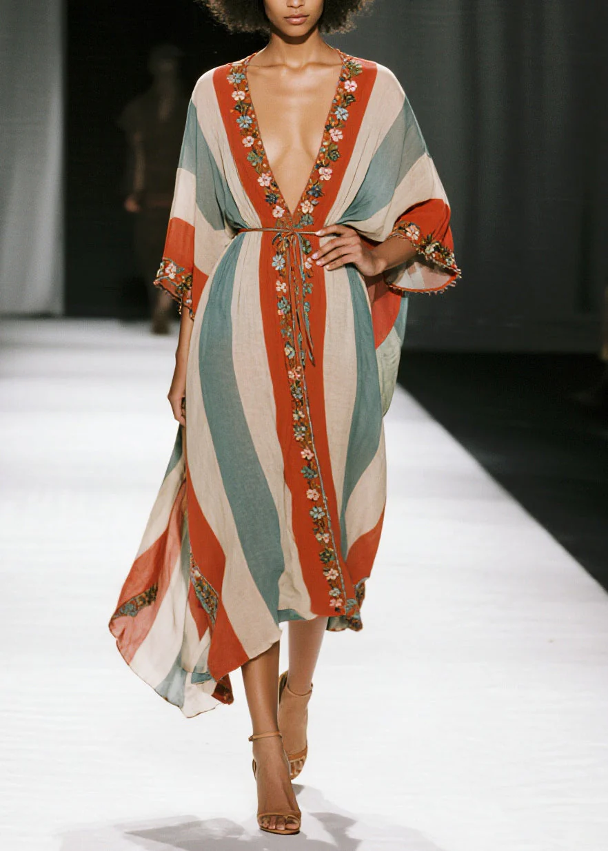 Bohemian Colorblock V Neck Striped Cotton Tunic Dresses Summer - Image 5
