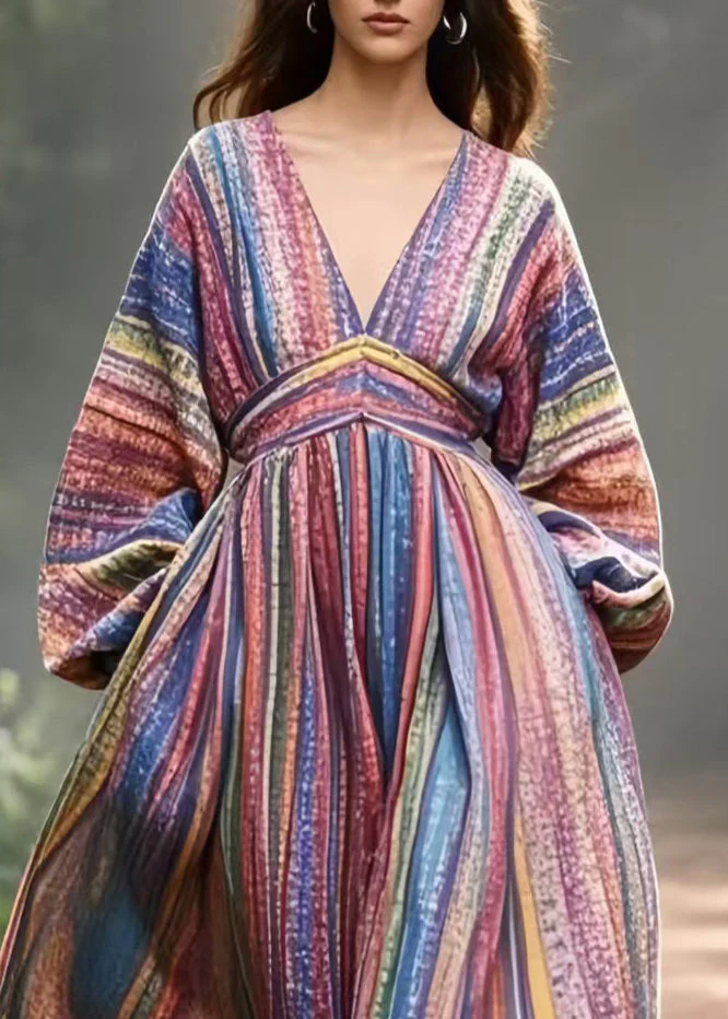 Bohemian Colorblock V Neck Striped Cotton Vacation Dresses Spring - Image 2