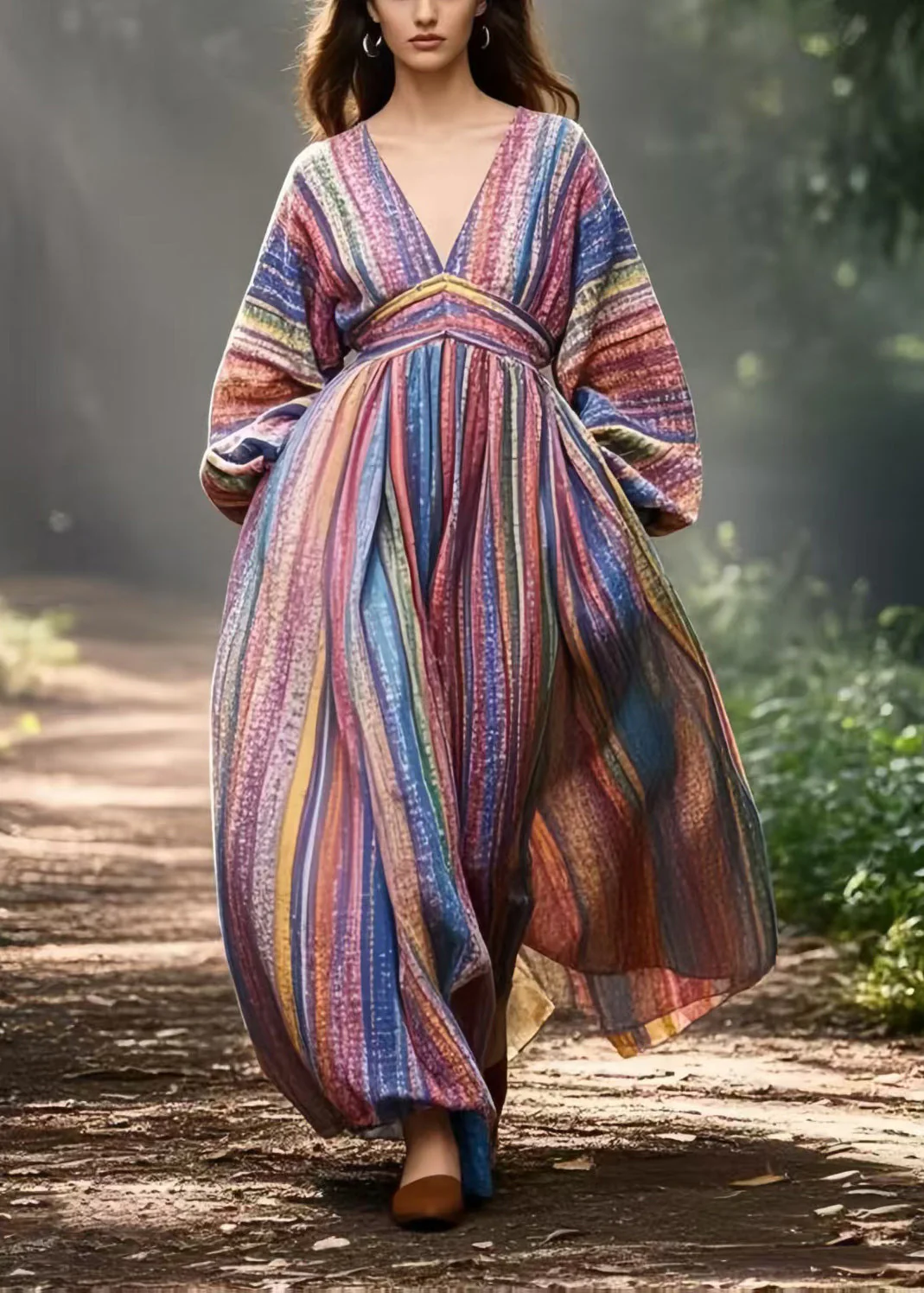 Bohemian Colorblock V Neck Striped Cotton Vacation Dresses Spring - Image 3