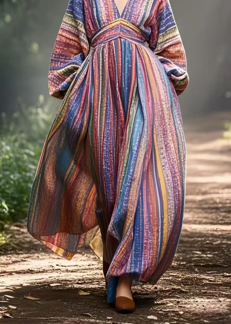 Bohemian Colorblock V Neck Striped Cotton Vacation Dresses Spring - Image 4