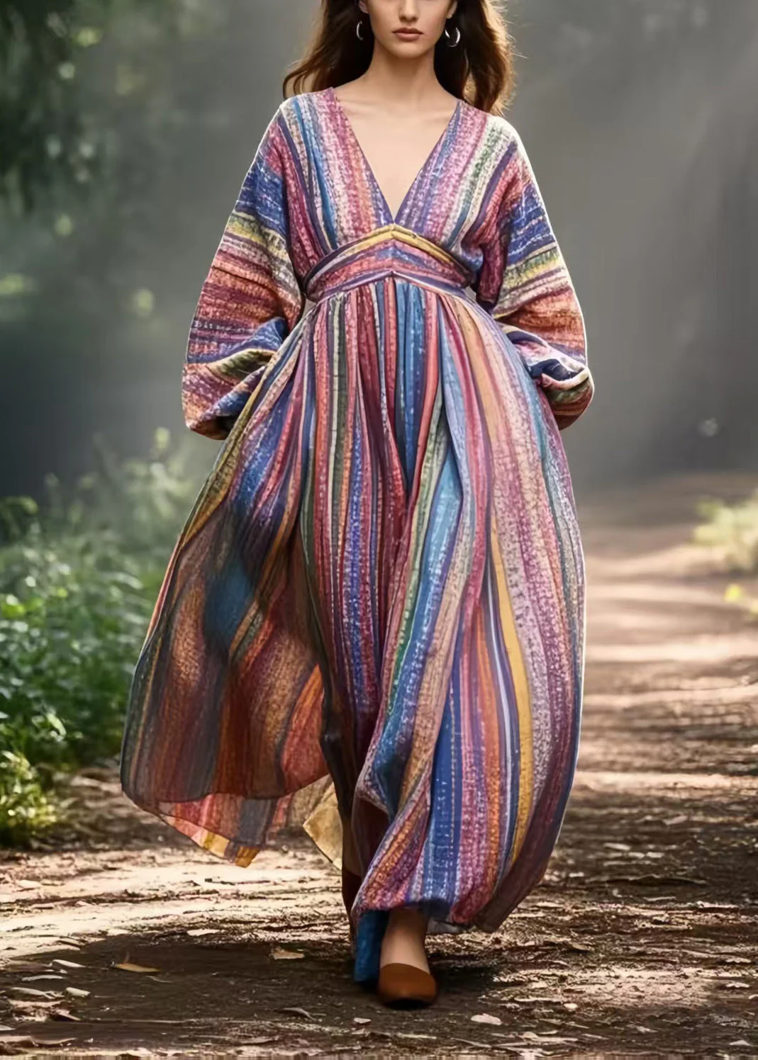 Bohemian Colorblock V Neck Striped Cotton Vacation Dresses Spring - Image 5