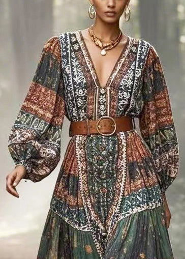 Bohemian Dark Green Cinched Print Cotton Long Dress Spring - Image 2