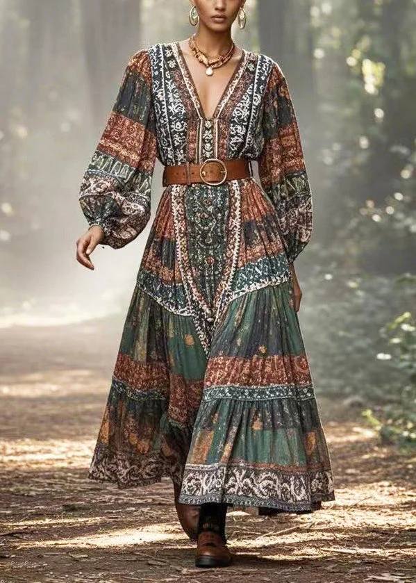 Bohemian Dark Green Cinched Print Cotton Long Dress Spring - Image 3