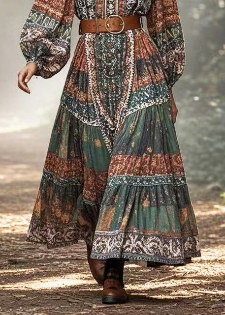 Bohemian Dark Green Cinched Print Cotton Long Dress Spring - Image 4