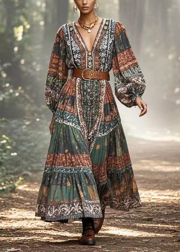 Bohemian Dark Green Cinched Print Cotton Long Dress Spring - Image 5