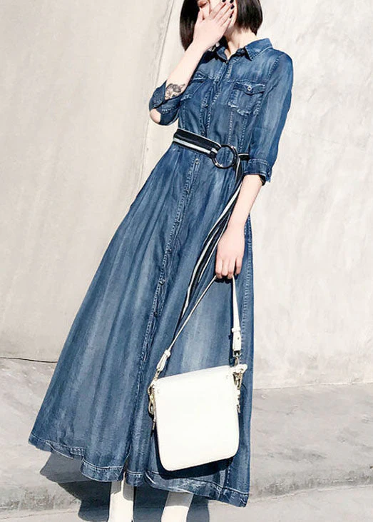 Bohemian Denim Blue Peter Pan Collar Patchwork Striped Cotton Holiday Dress Bracelet Sleeve - Image 3
