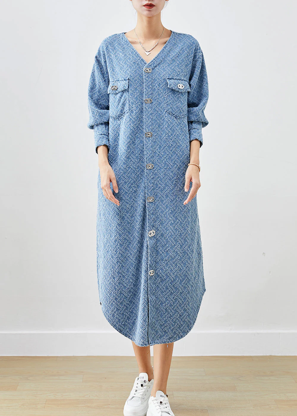 Bohemian Denim Blue V Neck Cotton Long Dress Fall - Image 2