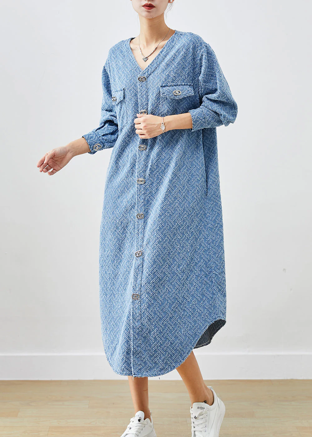 Bohemian Denim Blue V Neck Cotton Long Dress Fall - Image 3