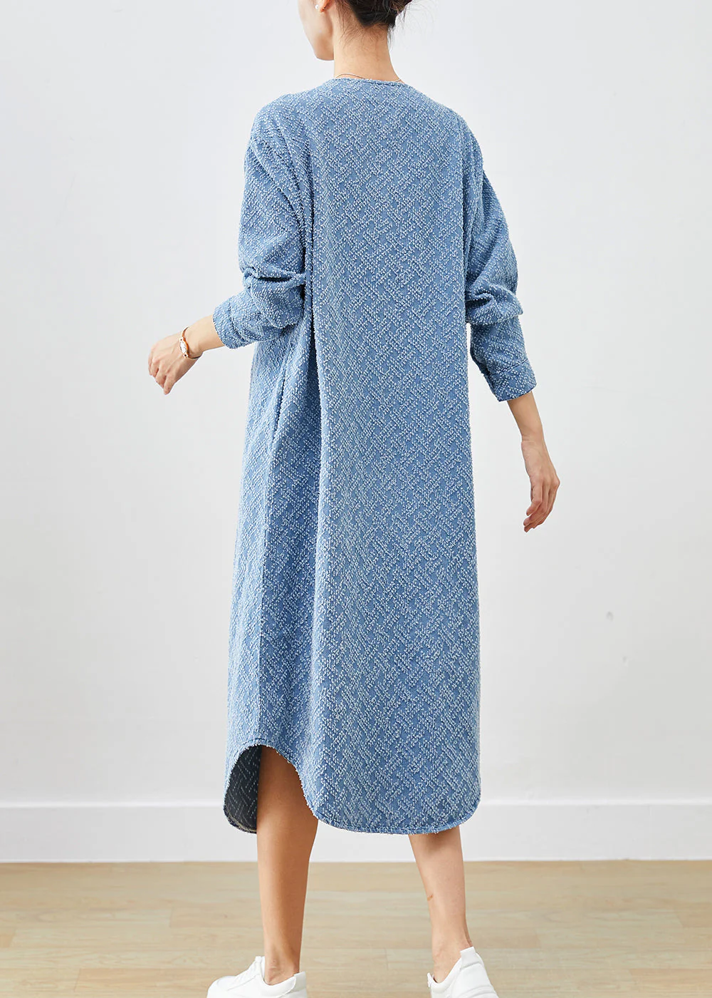 Bohemian Denim Blue V Neck Cotton Long Dress Fall - Image 4