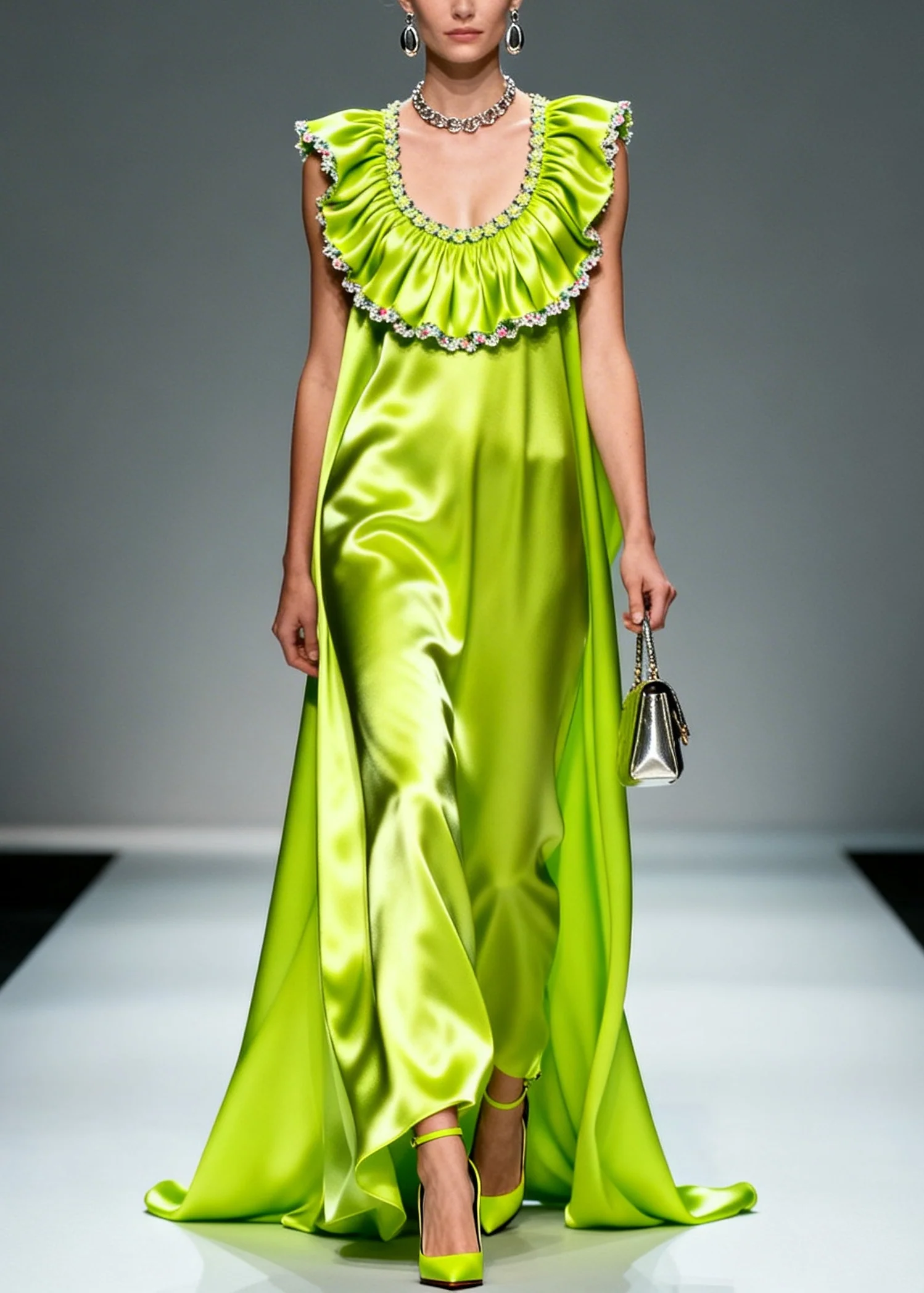 Bohemian Fluorescent Green Ruffled Exra Large Hem Silk Maxi Dresses Sleeveless