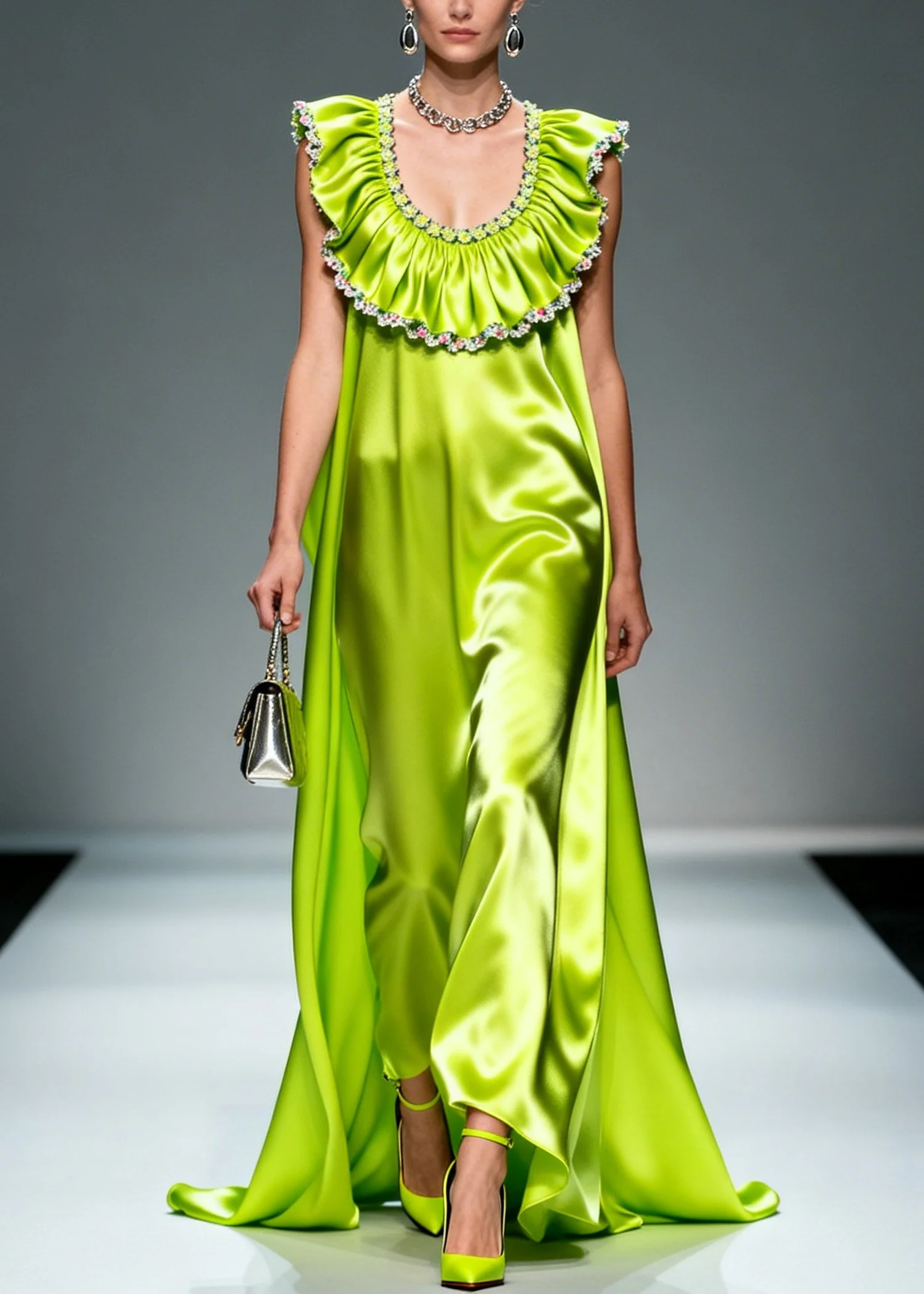 Bohemian Fluorescent Green Ruffled Exra Large Hem Silk Maxi Dresses Sleeveless - Image 3
