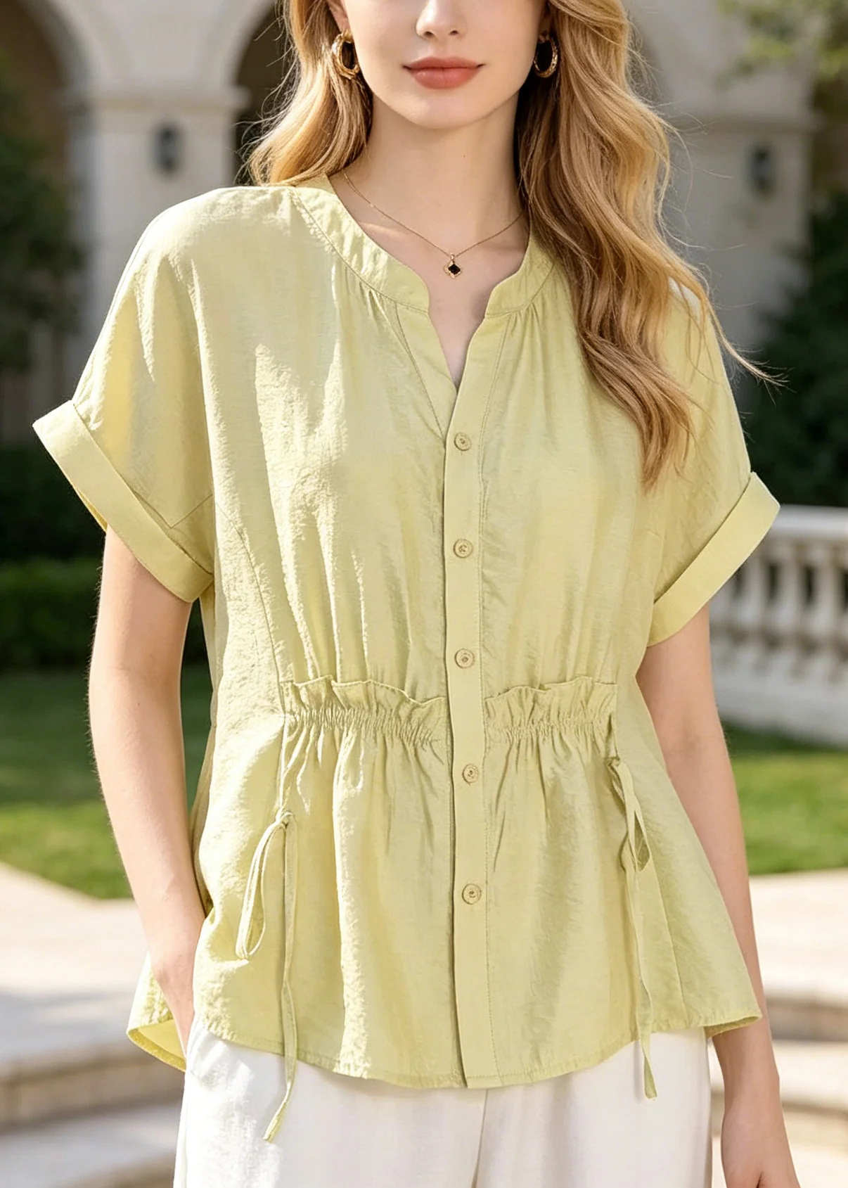 Bohemian Fruit Green Ruffled Wrinkled Cotton Shirts Summer - Image 3