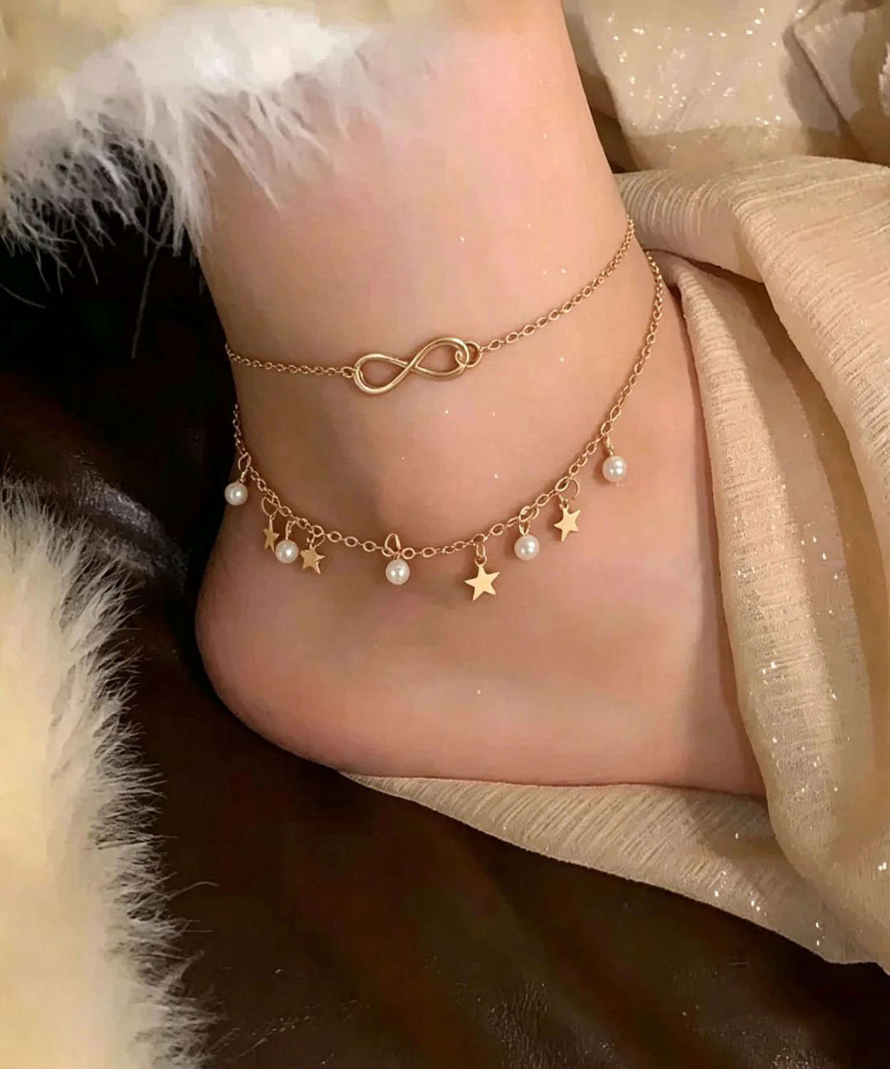 Bohemian Gold Copper Overgild Double-Layer Five-Pointed Star Tassel Anklets - Image 5