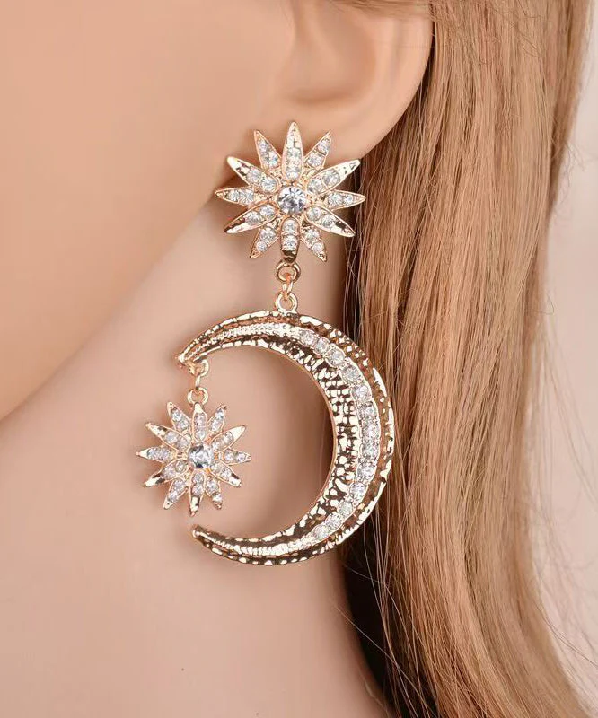 Bohemian Gold Metal Overgild Zircon Star Moon Drop Earrings - Image 3