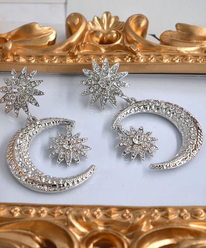 Bohemian Gold Metal Overgild Zircon Star Moon Drop Earrings - Image 4