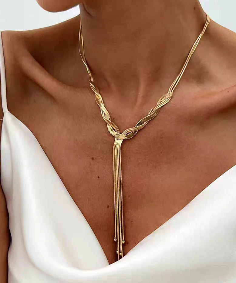 Bohemian Gold Stainless Steel Alloy Snake Bone Lariat Necklace - Image 3