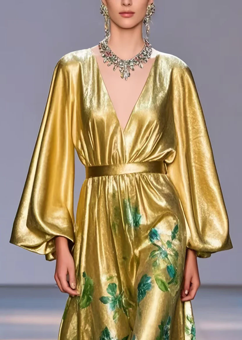 Bohemian Golden Cinched Print Silk Party Dress Lantern Sleeve - Image 2
