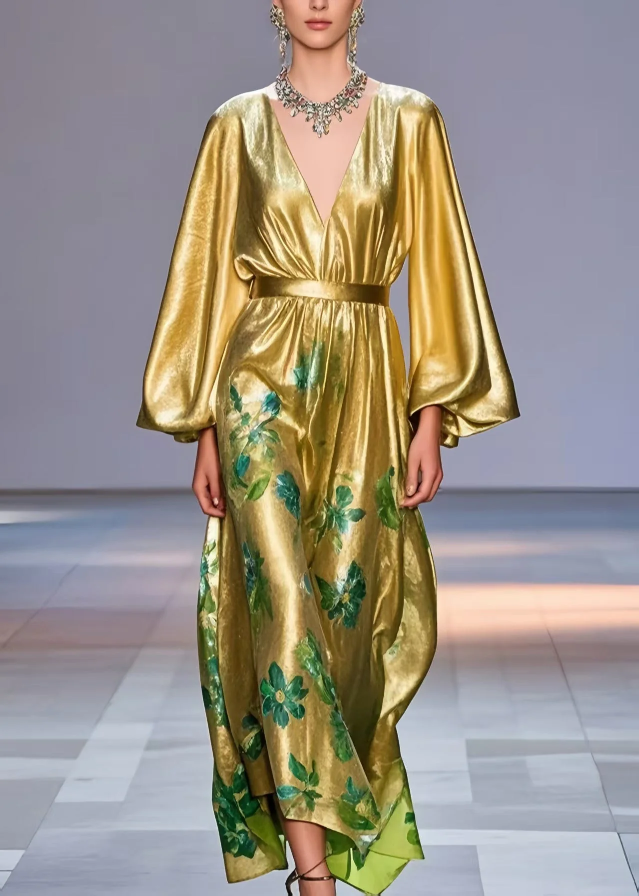 Bohemian Golden Cinched Print Silk Party Dress Lantern Sleeve - Image 3