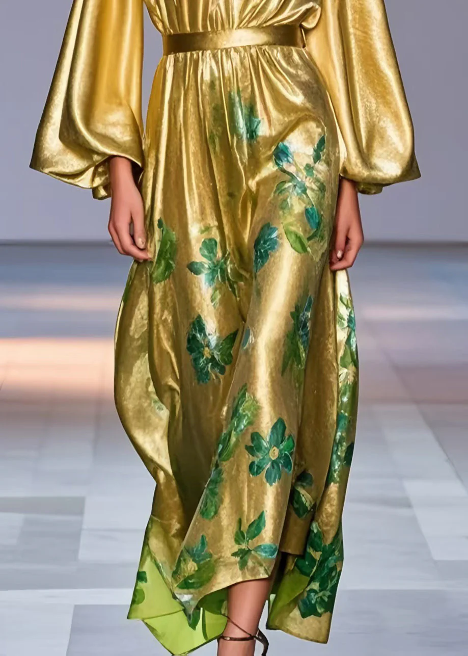 Bohemian Golden Cinched Print Silk Party Dress Lantern Sleeve - Image 4