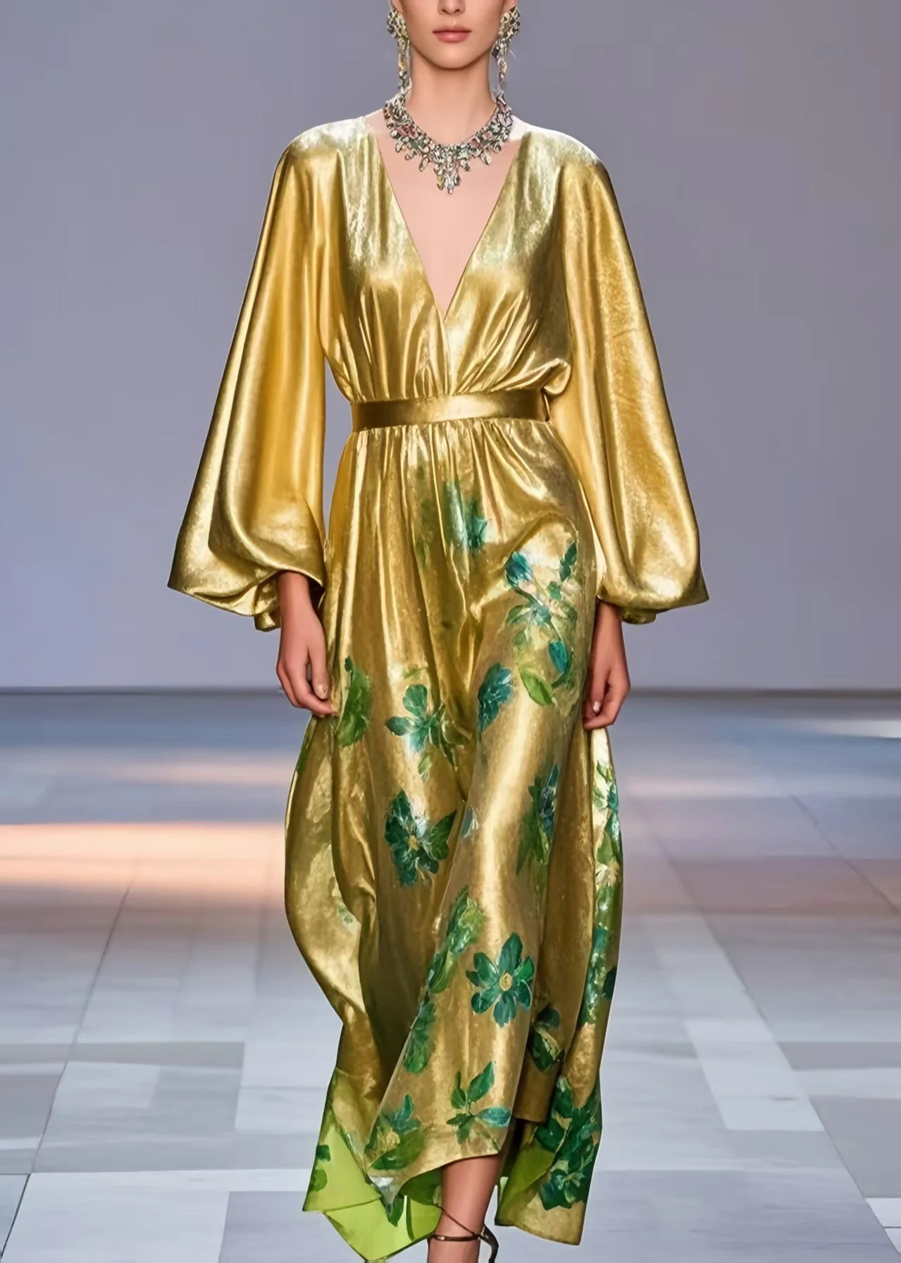 Bohemian Golden Cinched Print Silk Party Dress Lantern Sleeve - Image 5