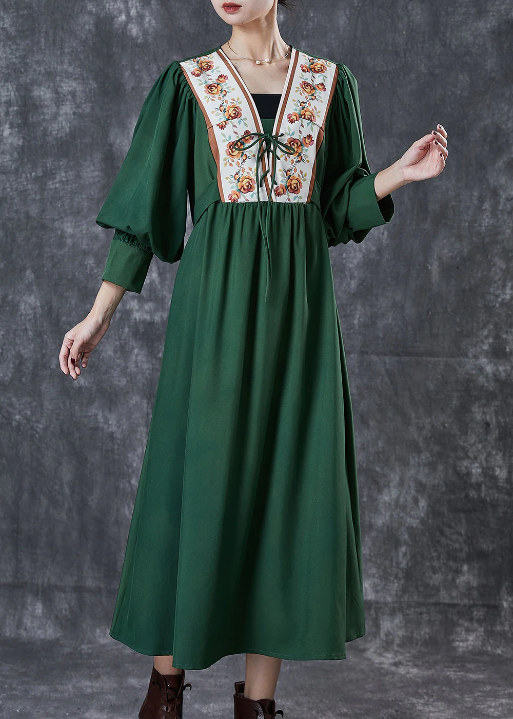 Bohemian Green Cinched Patchwork Lace Up Cotton Dresses Spring - Image 3
