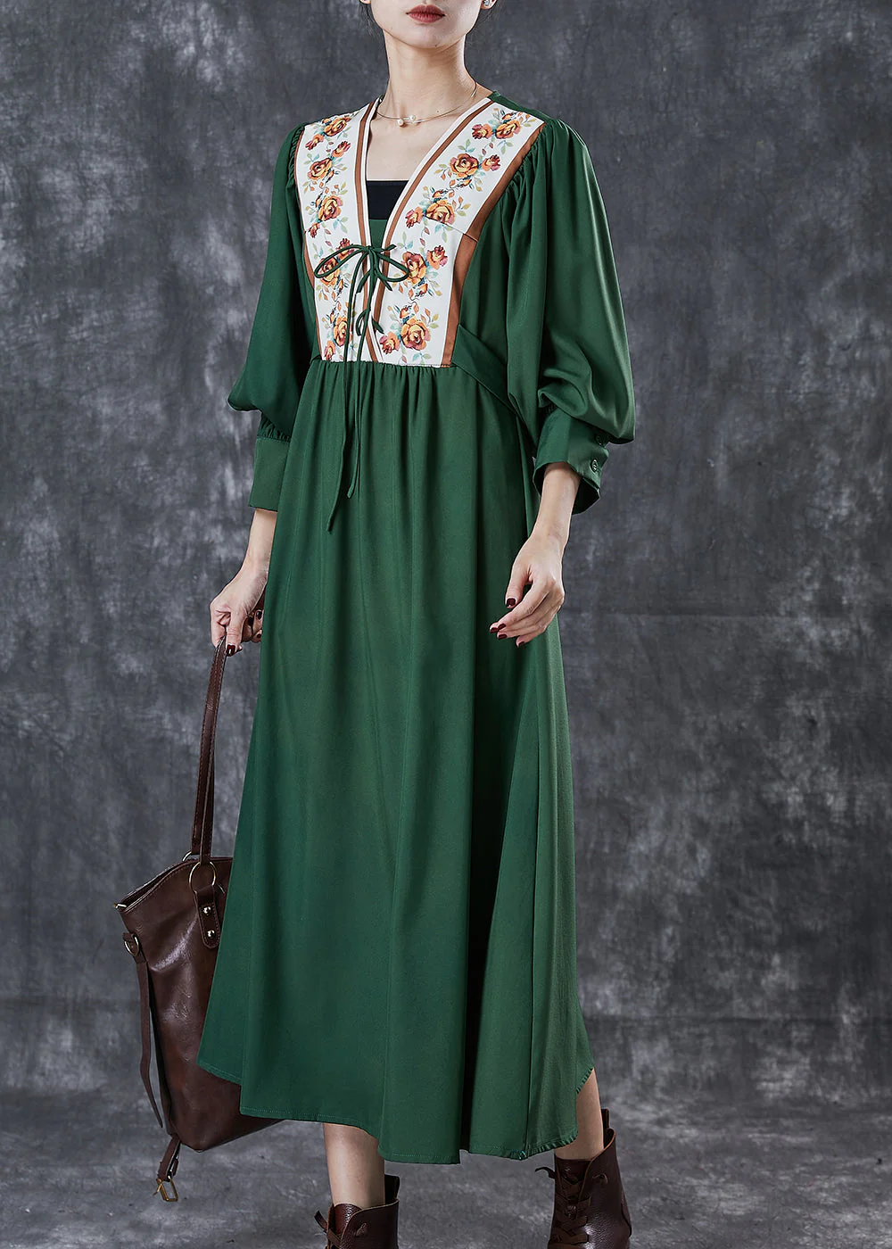 Bohemian Green Cinched Patchwork Lace Up Cotton Dresses Spring - Image 4