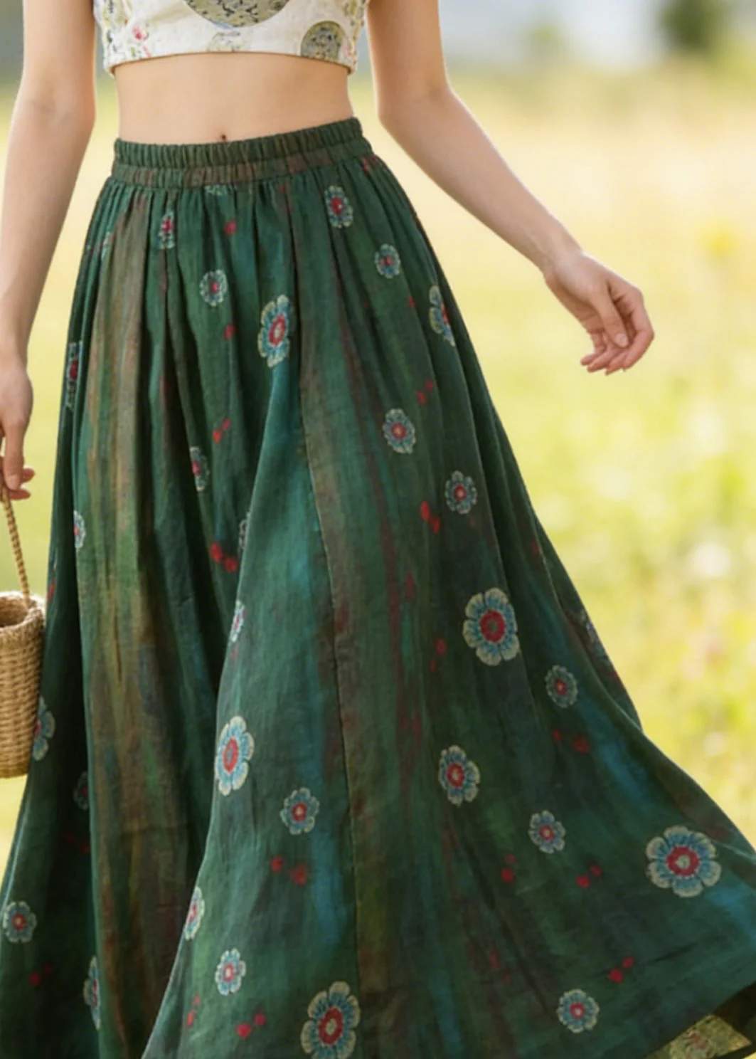 Bohemian Green Elastic Waist Print Linen Skirts Summer - Image 2