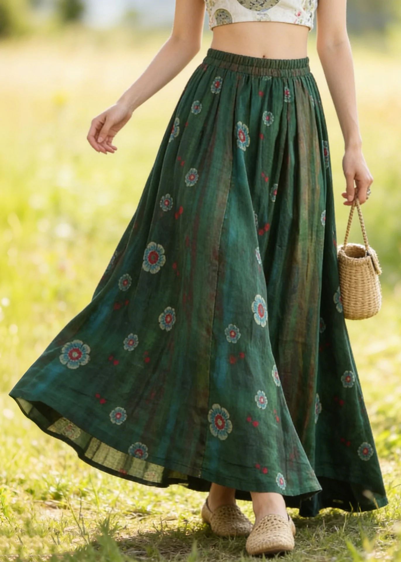 Bohemian Green Elastic Waist Print Linen Skirts Summer - Image 3