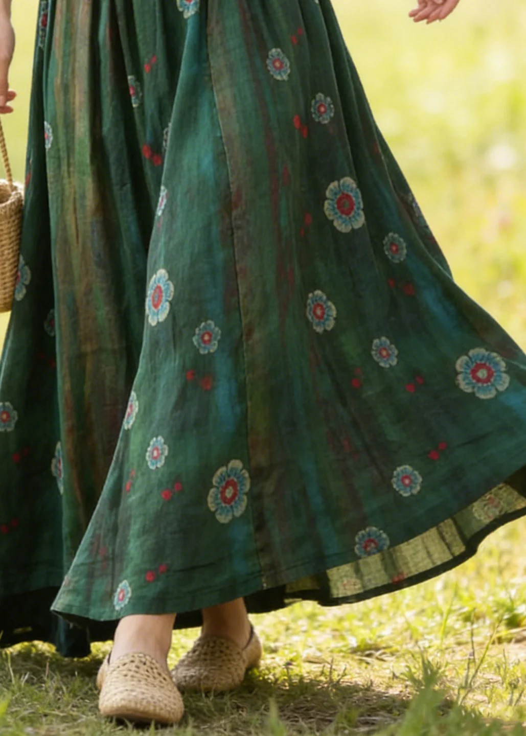 Bohemian Green Elastic Waist Print Linen Skirts Summer - Image 4