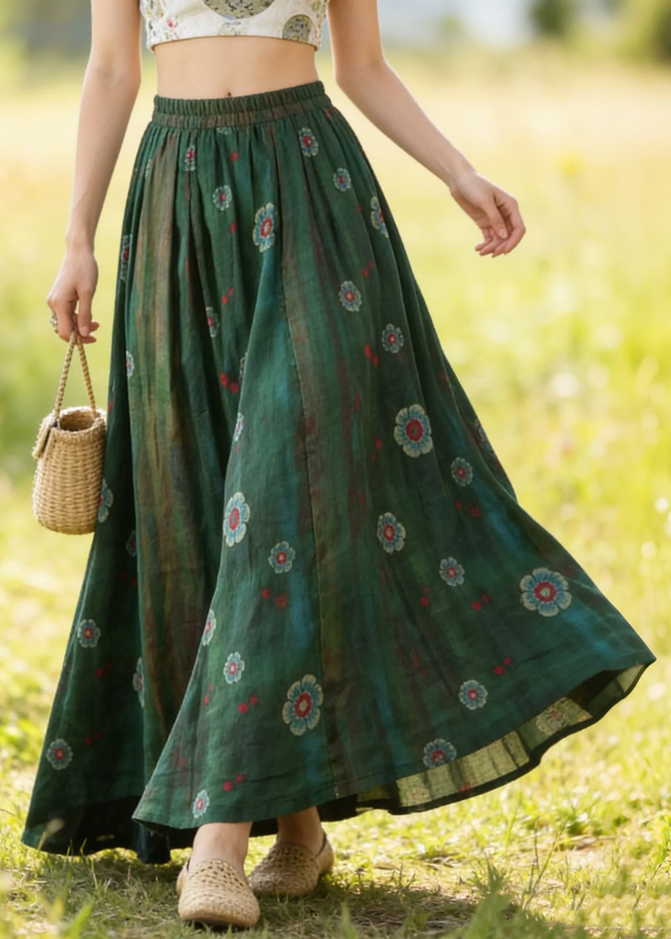 Bohemian Green Elastic Waist Print Linen Skirts Summer - Image 5