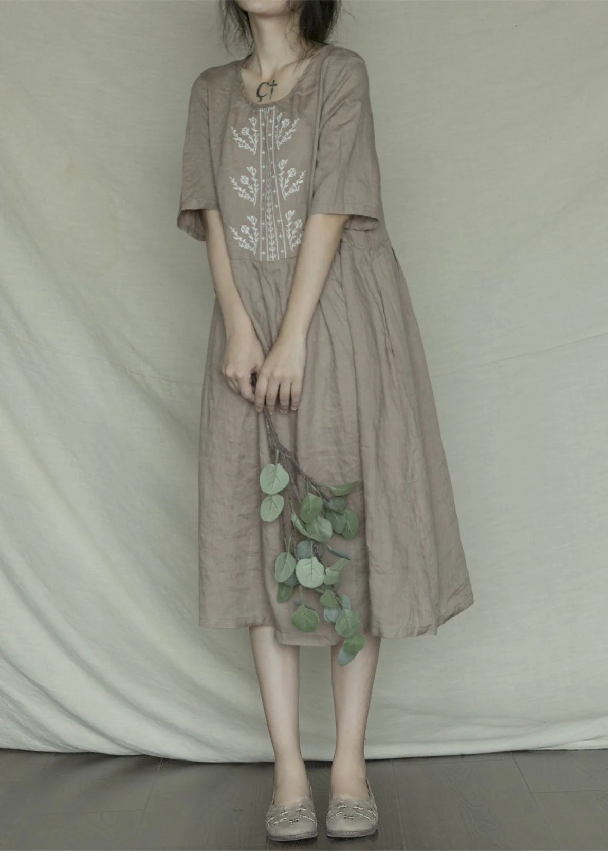 Bohemian Green Embroideried Casual Linen Dress Short Sleeve - Image 2