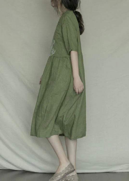 Bohemian Green Embroideried Casual Linen Dress Short Sleeve - Image 3