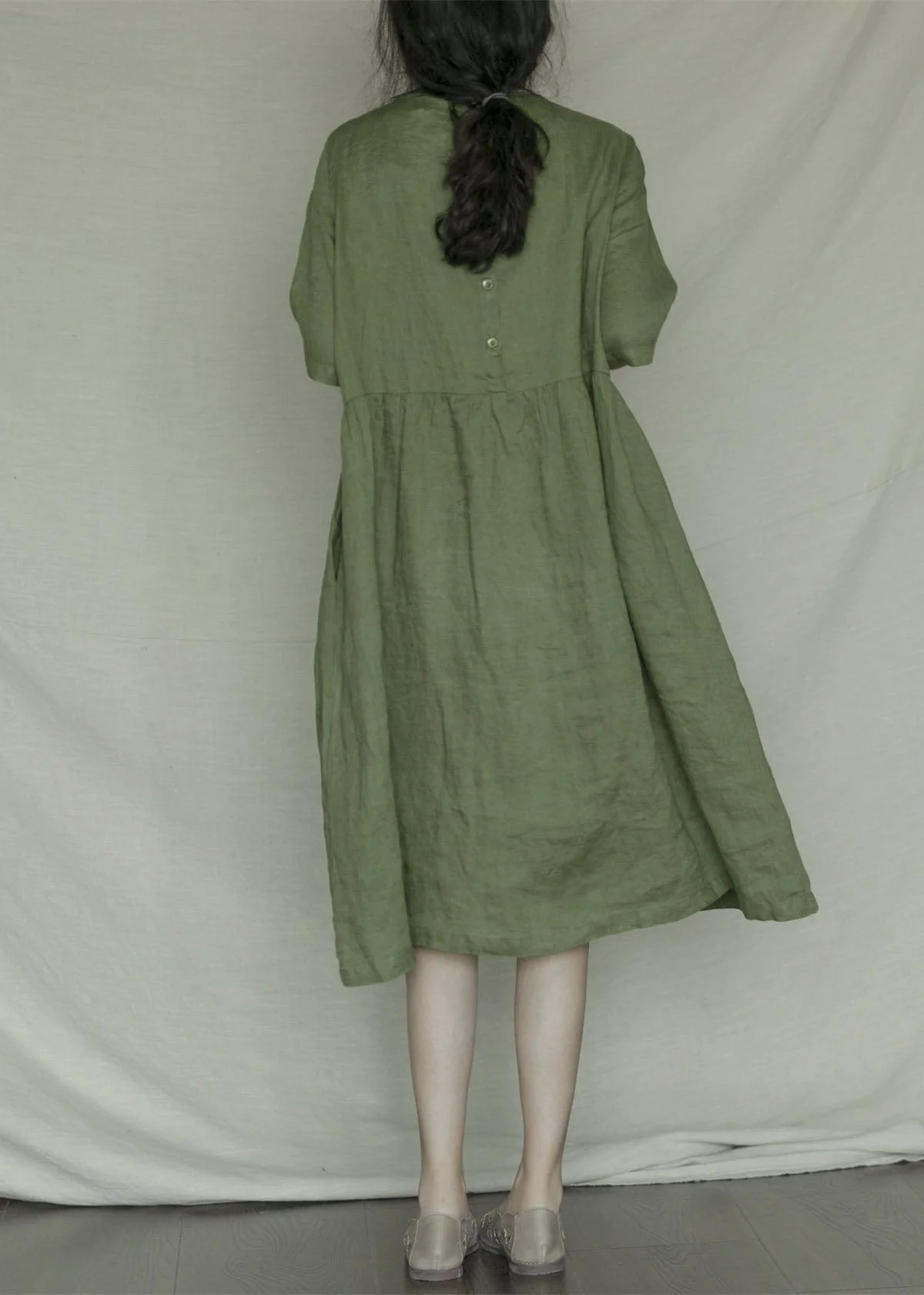 Bohemian Green Embroideried Casual Linen Dress Short Sleeve - Image 4