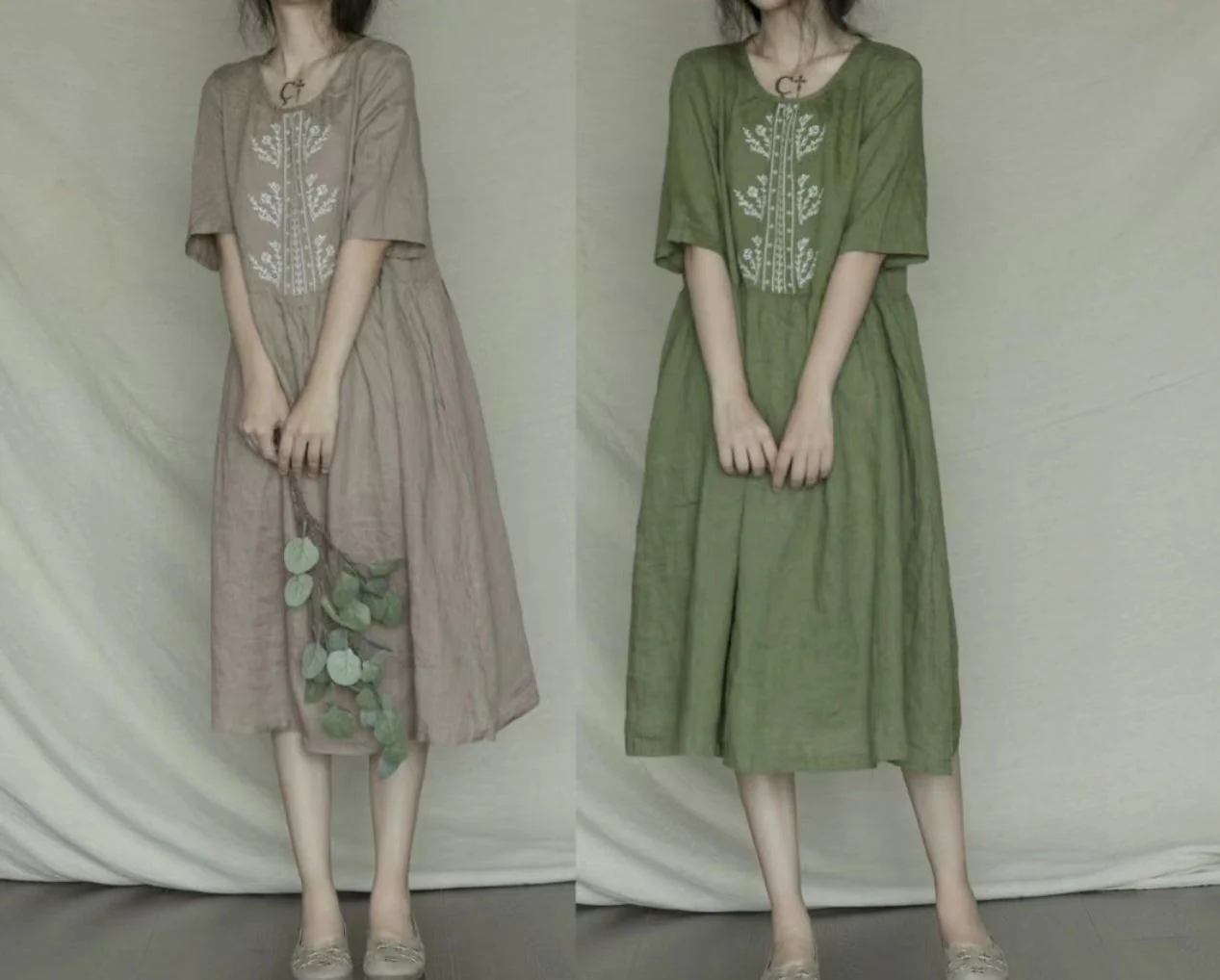 Bohemian Green Embroideried Casual Linen Dress Short Sleeve - Image 5