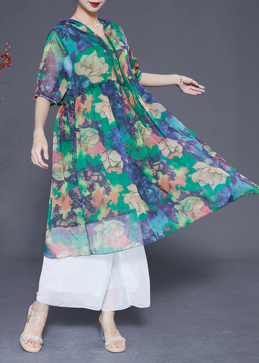 Bohemian Green Hooded Ruffled Print Chiffon Dress Summer - Image 2