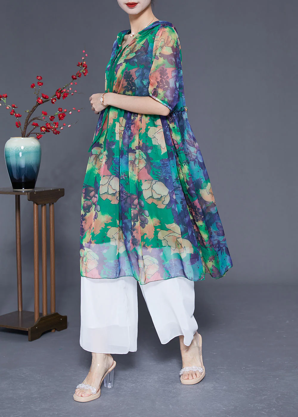 Bohemian Green Hooded Ruffled Print Chiffon Dress Summer - Image 3