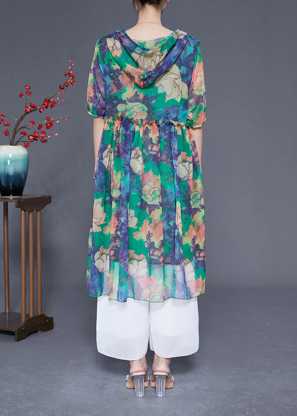 Bohemian Green Hooded Ruffled Print Chiffon Dress Summer - Image 4
