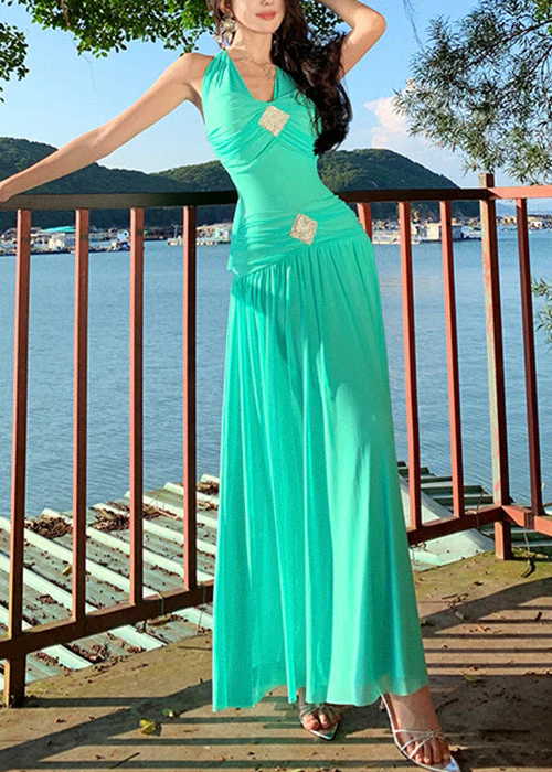 Bohemian Green Lace Up Cotton Long Dress Sleeveless - Image 2