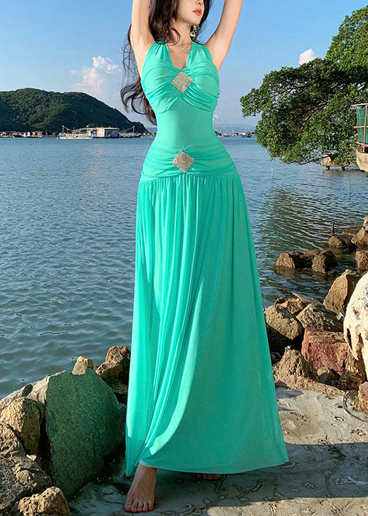 Bohemian Green Lace Up Cotton Long Dress Sleeveless - Image 3