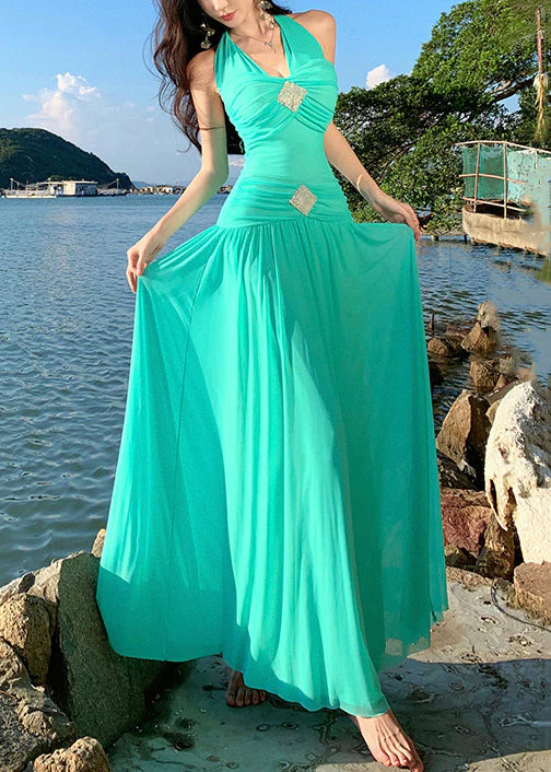 Bohemian Green Lace Up Cotton Long Dress Sleeveless - Image 4