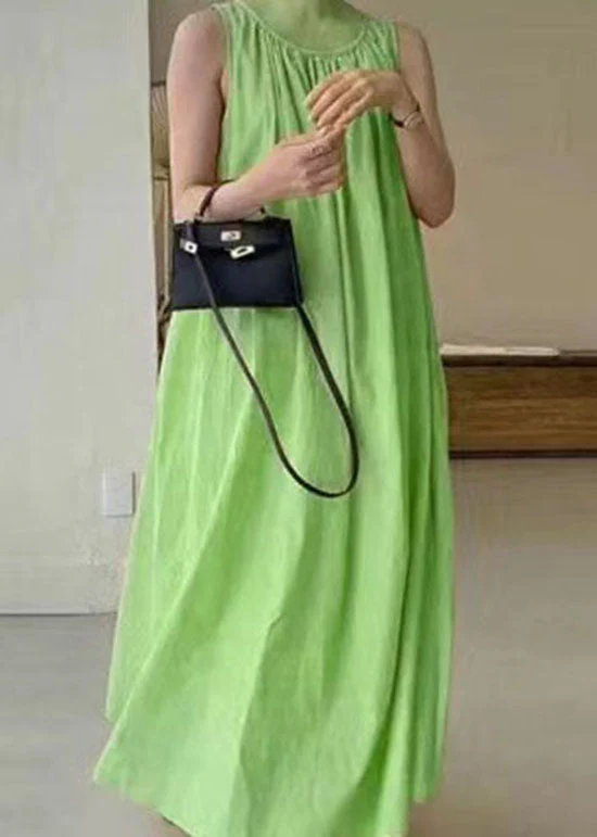 Bohemian Green O Neck Patchwork Wrinkled Cotton Dress Sleeveless - Image 3