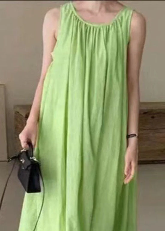 Bohemian Green O Neck Patchwork Wrinkled Cotton Dress Sleeveless - Image 5