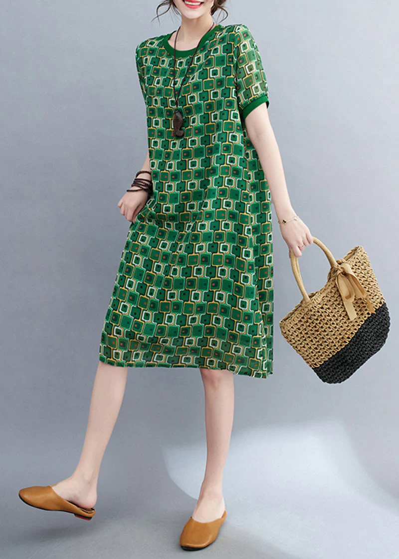 Bohemian Green O-Neck Print Chiffon Beach Dresses Summer - Image 3