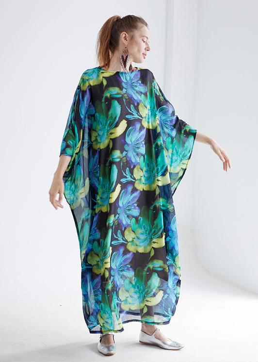 Bohemian Green O Neck Print Chiffon Robe Dress Summer - Image 2