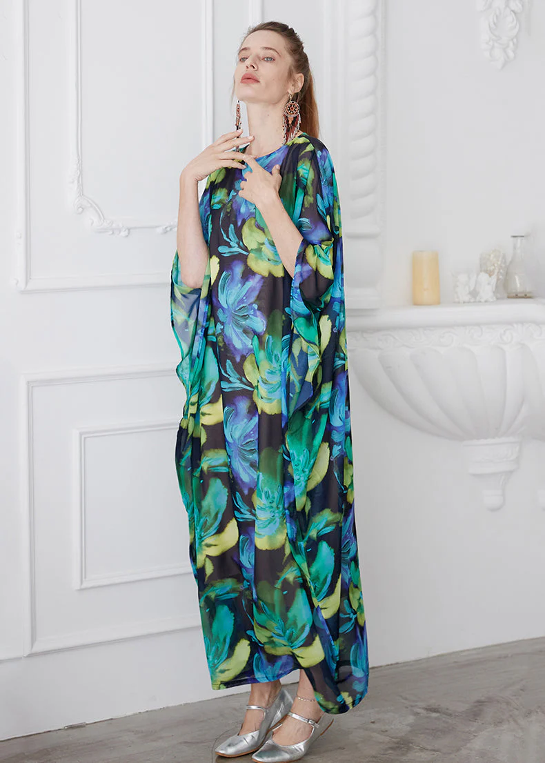 Bohemian Green O Neck Print Chiffon Robe Dress Summer - Image 3